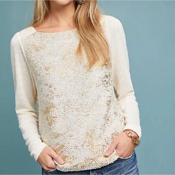 Anthropologie Gold Foil and Cream sweater size extra small. - Picture 1 of 5